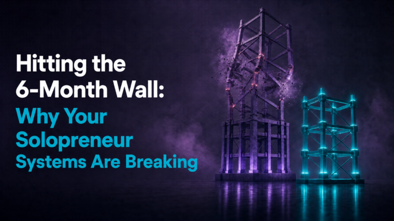Adhd Productivity Blog 8 Teal line breaking through a purple brick wall into a green arrow, symbolizing breaking past the 6-month solopreneur business wall