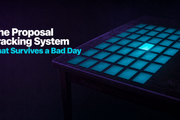 Deep purple desk scene with a glowing teal grid of proposal cards, one card lit brighter than the rest, representing a single-table proposal tracking system for ADHD entrepreneurs