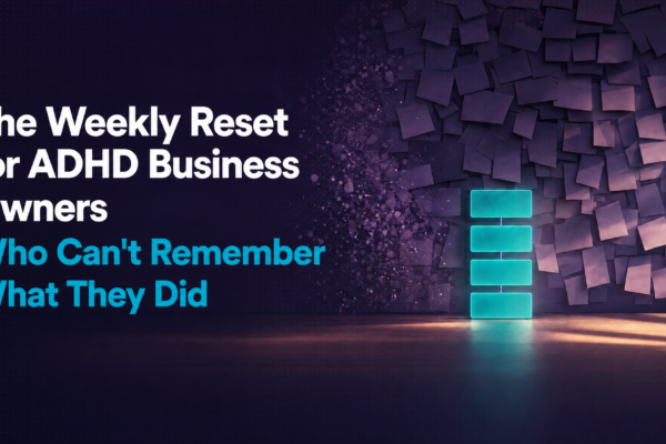 weekly reset for ADHD business owners — a calm desk on Friday afternoon with a short four-question list replacing a wall of sticky notes