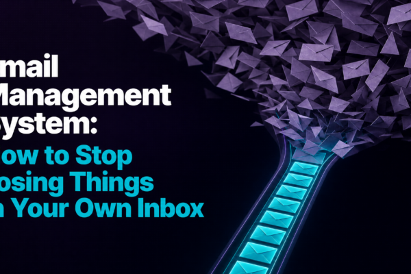 Chaotic swarm of purple envelopes funneling into a single ordered teal channel on a dark background, representing an email management system that sorts itself